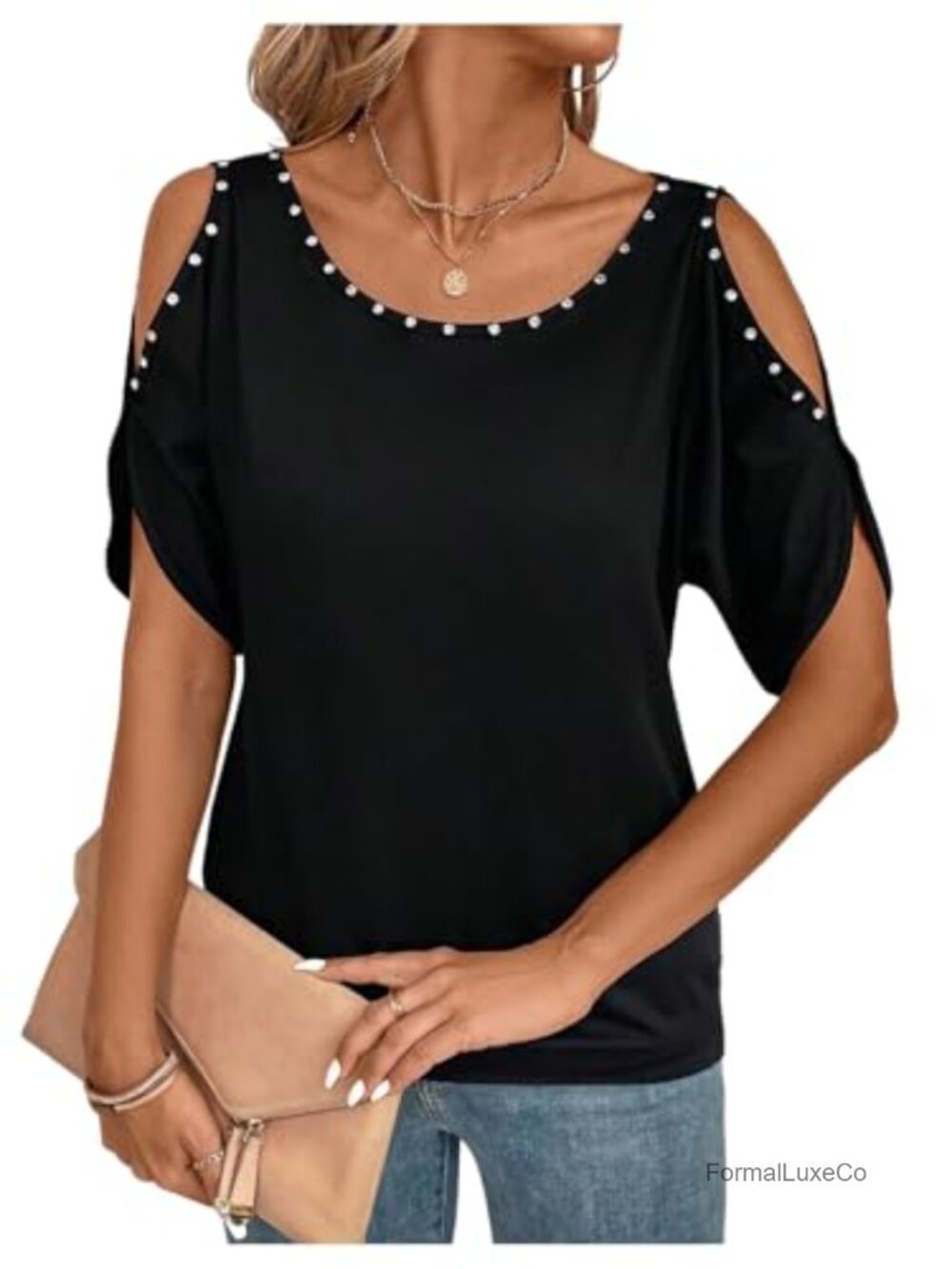 Verdusa Women's Cold Shoulder Beaded Blouse Elegant Going Out Top
